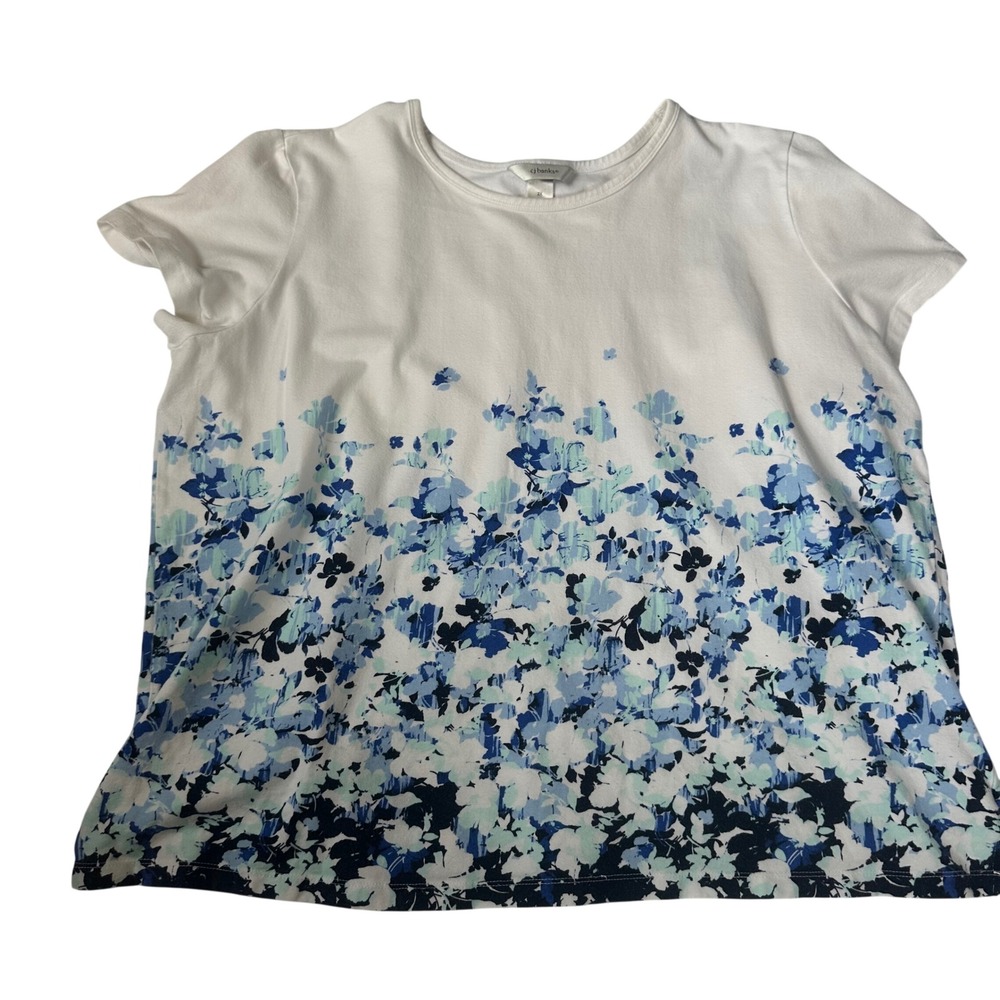 CJ Banks Womens 2X White Blue Floral Border Print Short Sleeve Knit Top Tee